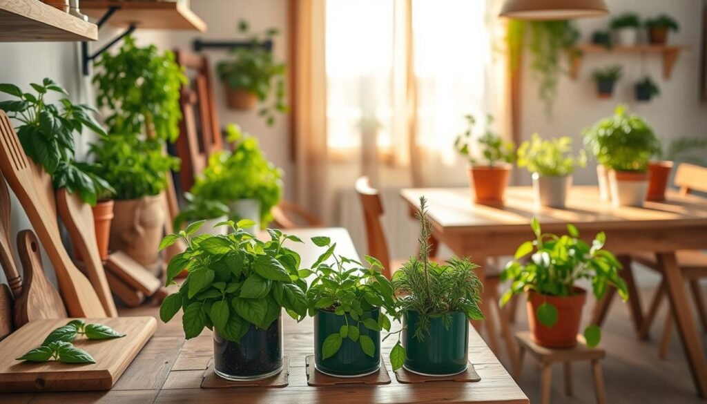 A cozy kitchen scene featuring an array of lush kitchen plants, including herbs like basil and rosemary, arranged on wooden shelves and a rustic wooden countertop. In the foreground, focus on a few vibrant green pots with soil visible, placed next to handmade wooden utensils and a cutting board. The middle ground showcases a sunlit window with sheer curtains allowing soft, natural light to fill the room, highlighting the textures of the wood and greenery. In the background, a charming wooden dining table complements the setting, adorned with potted plants in varying heights. The atmosphere feels warm and inviting, evoking a sense of tranquility and connection with nature, perfect for an airy, well-lit kitchen environment.