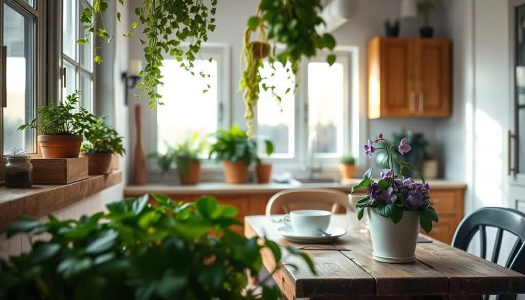 A cozy kitchen scene filled with vibrant kitchen plants, including lush green herbs like basil and parsley on a wooden windowsill, cascading pothos vines hanging delicately from the ceiling, and a cheerful pot of blooming African violets on the dining table. The foreground showcases the detailed textures of the leaves and soil. In the middle, a rustic wooden dining table is set with simple, elegant dishware under soft, natural lighting that filters through a large window, casting gentle shadows. The background features airy white walls and warm wooden cabinets that enhance the inviting atmosphere. The overall mood is tranquil and inviting, designed to evoke feelings of comfort and serenity in a functional space.
