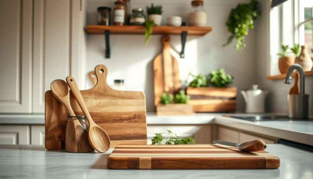 A cozy kitchen setting with a warm, inviting atmosphere, featuring a variety of DIY wood projects prominently displayed. In the foreground, showcase a beautifully crafted wooden cutting board and a set of handmade wooden utensils, all polished to perfection. In the middle, include a rustic wooden shelf holding spice jars and a small herb garden in reclaimed wood planters. The background should reveal light-colored cabinetry and a window with soft, natural sunlight filtering through, illuminating the space. Use a soft-focus lens to create an airy feel, emphasizing the craftsmanship and the practicality of these DIY wood projects. The scene should evoke a sense of comfort and creativity, perfect for inspiring kitchen organization and decor.