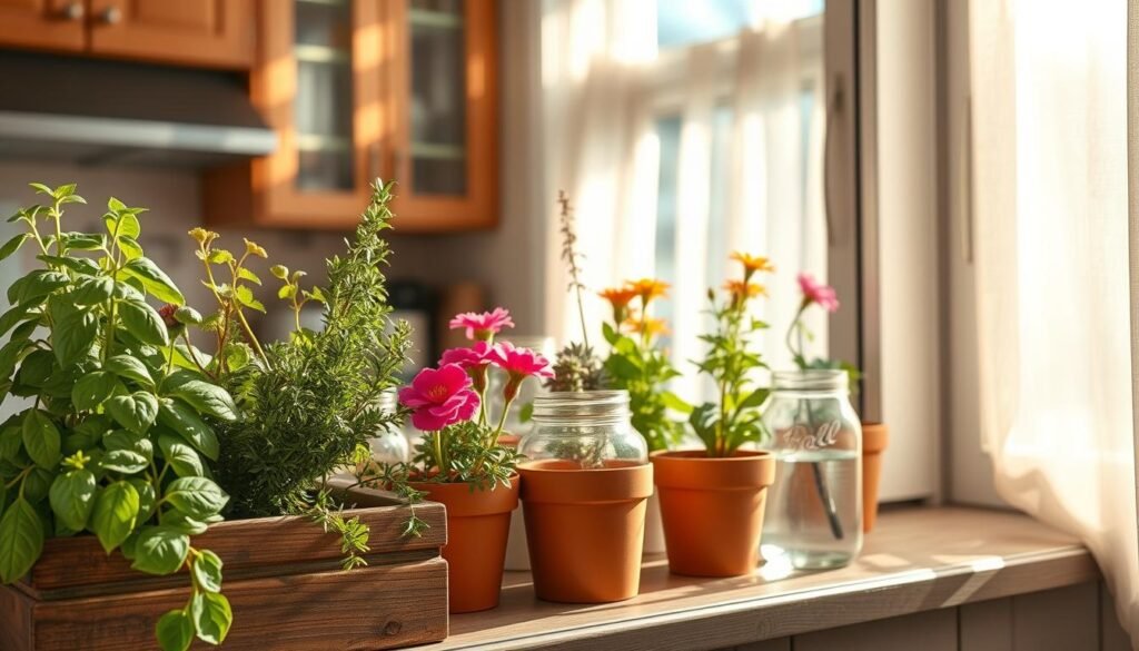 A cozy kitchen window sill brimming with a variety of vibrant plants, including lush green herbs like basil and thyme alongside bright flowering succulents, all basking in the warm glow of soft sunlight. In the foreground, a rustic wooden plant stand, slightly weathered, accentuates the natural theme, while terracotta pots and a glass mason jar filled with water complete the display. The middle ground features a softly blurred kitchen interior with wooden cabinets and a simple, elegant decor, enhancing the feeling of calmness. In the background, gently cascading sheer curtains allow natural light to filter through, casting gentle shadows. The atmosphere is serene and inviting, evoking a sense of tranquility in a space integrated with nature's beauty.