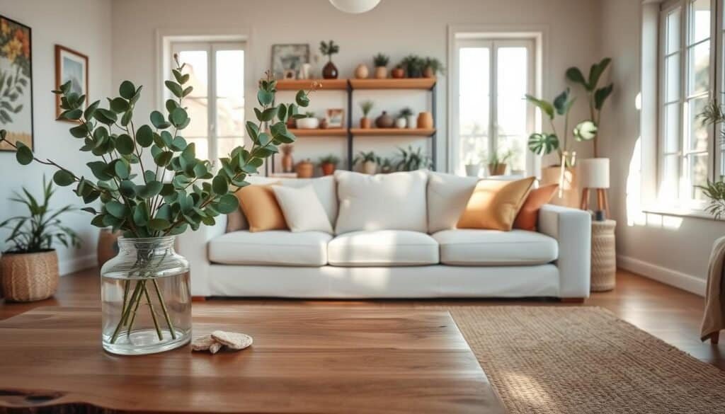 A cozy living room adorned with natural elements in home decor. In the foreground, a beautiful wooden coffee table made of reclaimed wood displays a simple, elegant vase filled with fresh green eucalyptus branches. In the middle ground, a large, light-colored sofa is accented with soft pillows in earthy tones. Sunlight streams in through large windows, casting a warm glow across the space, enhancing the textures of a woven jute rug underfoot. In the background, a wall-mounted shelf showcases various potted plants and ceramic pottery, reflecting the beauty of nature indoors. The atmosphere is serene and inviting, emphasizing a tranquil lifestyle. Use a wide-angle lens to capture the spacious feel, with soft focus on the edges to create a dreamy effect.