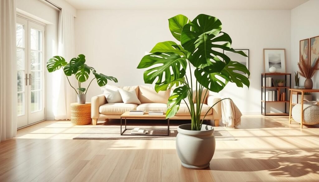 A cozy living room bathed in bright, natural sunlight, highlighting the transformative power of a single, vibrant houseplant. In the foreground, a large, lush monstera or fiddle leaf fig plant stands gracefully in a ceramic pot, its leaves casting intricate shadows on the light wood flooring. The middle ground features a plush, beige sofa adorned with soft pillows, a stylish coffee table with art books, and a warm knitted throw. In the background, a tastefully arranged bookshelf and serene artwork on the walls enhance the inviting atmosphere. The room's open layout invites a sense of tranquility and harmony, with an emphasis on a fresh, airy feel. Capture this scene from a slightly elevated angle to emphasize the plant's impact within the space, evoking a mood of relaxation and comfort.