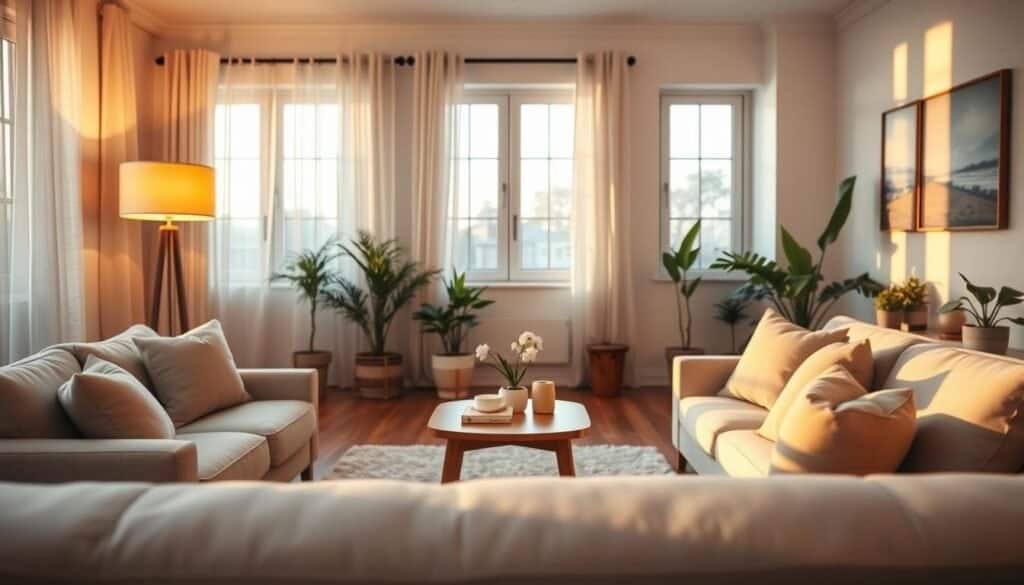 A cozy living room bathed in soft, natural light, showcasing a peaceful lighting design. In the foreground, a plush, neutral-toned sofa adorned with calm-colored throw pillows invites relaxation. A stylish floor lamp with a warm amber glow stands beside a modern wooden coffee table, accentuated by a few minimalist décor pieces. The middle ground features large windows draped with light, airy curtains that gently diffuse the sunlight. In the background, potted plants add a touch of greenery and freshness, while wall art with soothing landscapes enhances the tranquil atmosphere. The entire scene is captured with a warm color palette and a slightly blurred depth of field to create a calming and inviting mood, emphasizing comfort and serenity in the living space. A cozy living room bathed in soft, natural light, showcasing a peaceful lighting design. In the foreground, a plush, neutral-toned sofa adorned with calm-colored throw pillows invites relaxation. A stylish floor lamp with a warm amber glow stands beside a modern wooden coffee table, accentuated by a few minimalist décor pieces. The middle ground features large windows draped with light, airy curtains that gently diffuse the sunlight. In the background, potted plants add a touch of greenery and freshness, while wall art with soothing landscapes enhances the tranquil atmosphere. The entire scene is captured with a warm color palette and a slightly blurred depth of field to create a calming and inviting mood, emphasizing comfort and serenity in the living space.