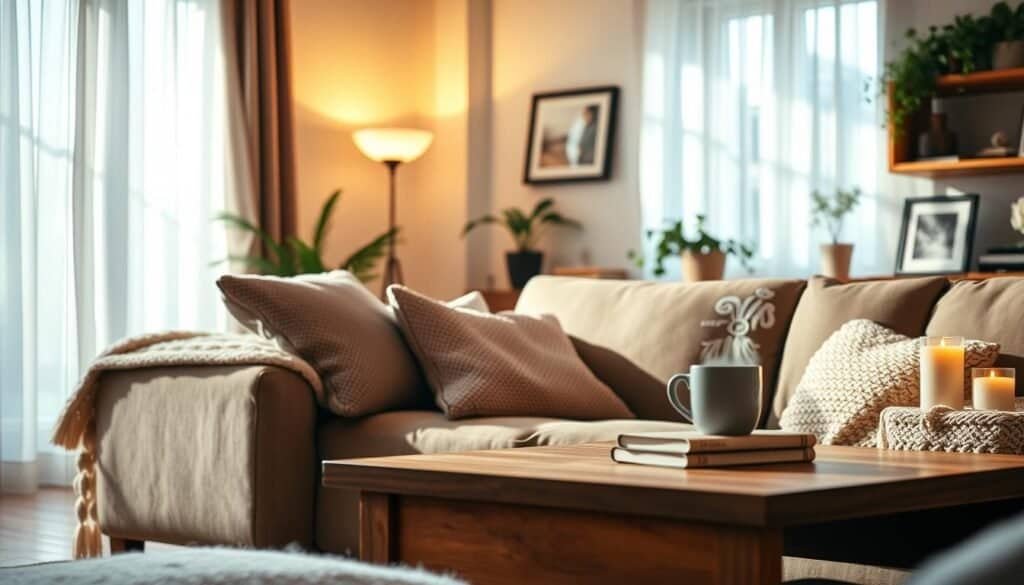 A cozy living room bathed in soft, warm lighting, showcasing natural light filtering through sheer curtains. In the foreground, a plush sofa adorned with textured pillows and a knitted throw, inviting relaxation. A wooden coffee table holds a steaming mug and a few scattered books. In the middle ground, a softly glowing floor lamp and a few candles add a gentle radiance, casting flickering shadows on the walls. The background features a bookshelf filled with greenery and framed photographs that enhance the homey atmosphere. The scene conveys a sense of warmth and comfort, inviting viewers to imagine themselves in this tranquil space. Capture this scene with a shallow depth of field to create an intimate and inviting mood.
