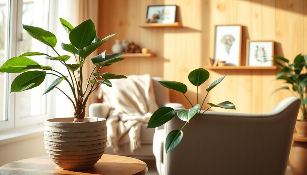 A cozy living room corner showcasing a transformation into a serene space. In the foreground, a beautifully arranged potted plant with lush green leaves and a textured ceramic pot sits elegantly on a wooden side table. The middle of the image features a comfortable armchair draped with a soft, neutral-toned throw blanket. The background reveals a warm, light wood accent wall, adorned with small shelves displaying decorative wooden artifacts and framed botanical prints. Bright, natural light floods the scene, creating a soothing atmosphere with soft shadows. A lens angle captures the corner from a slightly elevated perspective, ensuring all elements harmonize beautifully, promoting a peaceful and inviting vibe ideal for relaxation.