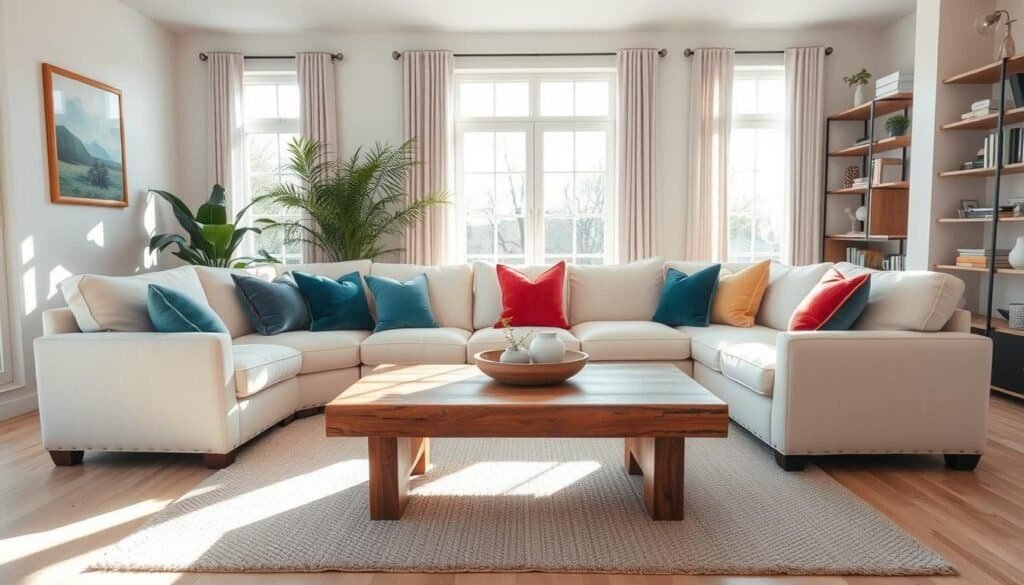 A cozy living room design, featuring a plush cream-colored sectional sofa adorned with vibrant throw pillows, centered around a warm, rustic wooden coffee table. The foreground includes a soft textured area rug beneath the table. In the middle, a large window allows bright natural light to filter in, casting soft shadows across the room. On one side, a beautiful indoor plant adds a touch of greenery, while a modern bookshelf filled with books and decor pieces lines the wall. The background showcases a serene view of the outside, highlighting a sunny day. The overall atmosphere is warm and inviting, promoting conversation and connection among family and friends. The lighting is soft and airy, enhancing the inviting feel of the space. Capture this scene with a slightly wide-angle lens for depth and a warm color palette.