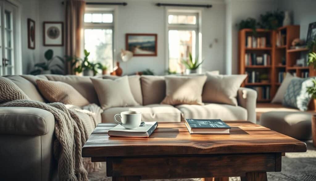 A cozy living room designed for comfort and warmth, featuring a plush, oversized sofa adorned with soft, textured cushions and a knitted throw blanket. In the foreground, a rustic wooden coffee table is topped with a steaming cup of tea and a few well-loved books. The middle ground showcases a brightly lit space with large windows allowing soft, natural sunlight to stream in, creating an inviting atmosphere. Potted plants add a touch of greenery, while subtle wall art enhances the homey feel. In the background, a well-organized bookshelf filled with a mix of books and decorative items completes the inviting scene. The mood is serene and relaxing, with a balanced, harmonious color palette that promotes tranquility and comfort. Shot from a slightly elevated angle using natural lighting to highlight the textures and warmth of the space.