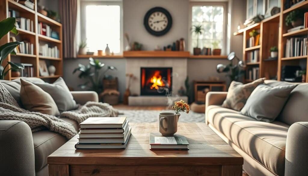 A cozy living room designed for comfort and warmth, featuring a plush, overstuffed sofa adorned with soft pillows and a knitted throw blanket. In the foreground, a warm, inviting coffee table made of natural wood holds a stack of books, a steaming mug of tea, and a small vase with fresh flowers. The middle section consists of a softly lit fireplace, radiating a gentle glow, while surrounding the space are shelves filled with books and personal artifacts. The background showcases large windows allowing bright, natural light and soft sunlight to fill the room, creating an airy atmosphere. The decor incorporates warm tones, layered textiles, and plants to enhance the sense of homeliness. The mood is serene, inviting, and perfect for relaxation or gathering with loved ones.