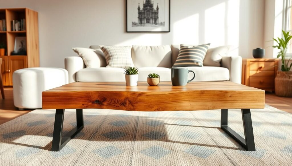 A cozy living room featuring a DIY wood couch table as the centerpiece. In the foreground, the natural wood table is crafted from reclaimed timber, showcasing its rich grain and warm tones. A few decorative items—a small potted plant and a coffee mug—adorn the table's surface. In the middle, a comfortable sofa with soft throw pillows, set against bright walls, reflects an inviting atmosphere. The background reveals a large window allowing soft, airy sunlight to flood the space, casting gentle shadows. The overall mood is warm and welcoming, perfect for everyday comfort. The image should capture this scene with a wide-angle lens, emphasizing the harmonious arrangement of wood accents and natural light.