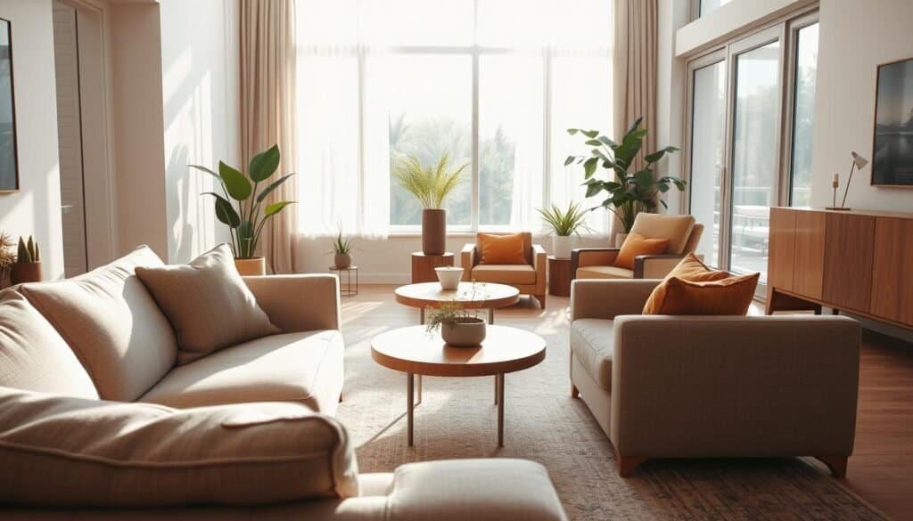 A cozy living room featuring a harmonious blend of modern furniture that balances elegant form and supreme comfort. In the foreground, a plush, inviting sofa with soft, textured fabrics, complemented by a stylish, minimalist coffee table made of natural wood. In the middle ground, a pair of contemporary armchairs designed for both aesthetics and relaxation, with warm-toned cushions. Delicate indoor plants add a touch of greenery. The background showcases large windows allowing bright, airy natural light to flood the space, enhancing the soft sunlight streaming in. The atmosphere feels warm and welcoming, inviting relaxation and conversation. Use a slightly elevated angle to capture depth, focusing on the textures and warm colors that enhance the comfortable vibe.