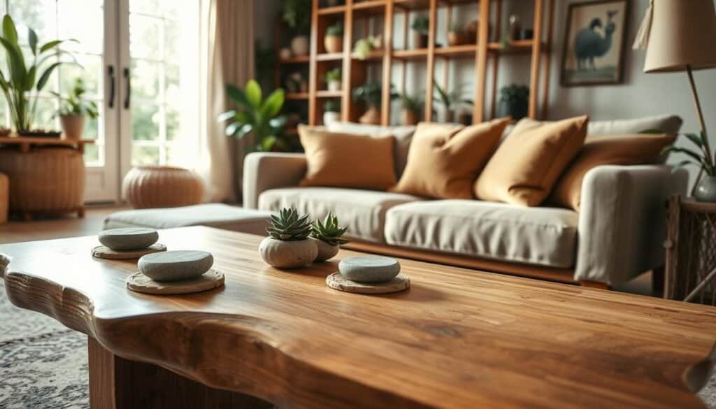 A cozy living room featuring a harmonious blend of wood with other natural materials, like woven rattan and soft linen. In the foreground, a beautifully crafted wooden coffee table made from reclaimed oak, adorned with decorative natural stone coasters and a small succulent. The middle ground includes a plush sofa with earthy-toned cushions made from organic cotton, inviting and comfortable. The background reveals a large window allowing soft, warm sunlight to filter in, illuminating the space and creating a tranquil atmosphere. A wooden bookshelf filled with rustic decor and houseplants adds depth and warmth to the scene. The overall mood is relaxed and inviting, emphasizing a natural aesthetic with an airy, well-lit ambiance, shot from a slightly elevated angle to capture the inviting layout of the room.