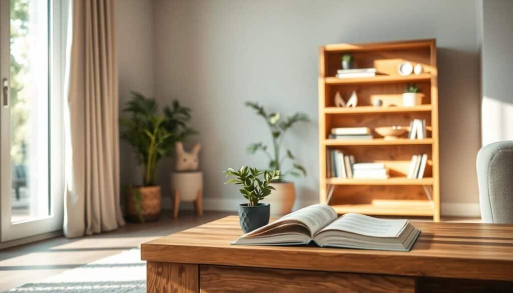 A cozy living room featuring a simple wooden coffee table and a handcrafted wooden bookshelf filled with decorative items. In the foreground, the coffee table displays a small potted plant and an open book, inviting relaxation. The middle ground showcases the bookshelf made of rustic oak, illuminated by soft sunlight streaming through a nearby window. The atmosphere is warm and inviting, with neutral tones and subtle textures enhancing the wood's natural beauty. The background reveals a hint of greenery outside the window, adding to the airy feel. The lighting is bright yet soft, creating a tranquil ambiance perfect for showcasing simple yet elegant wood projects that enhance living spaces.