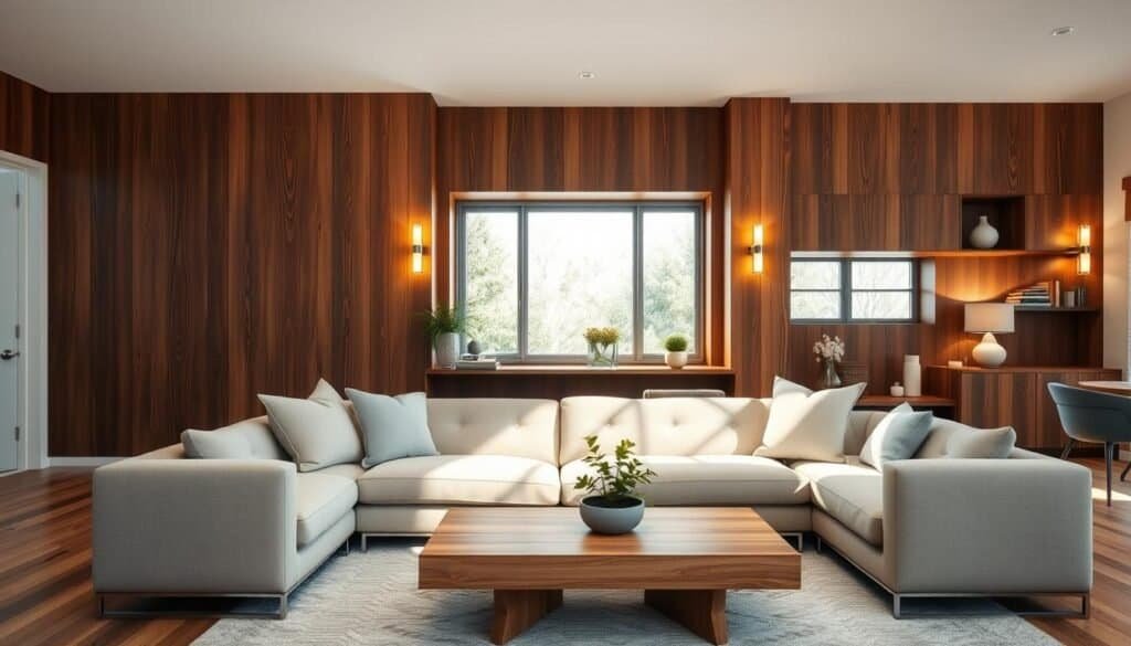 A cozy living room featuring a stunning wooden accent wall, made from rich, dark oak panels with intricate grain patterns. In the foreground, a plush, neutral-colored sofa with soft cushions invites relaxation, positioned artfully to face the accent wall. A stylish coffee table with natural wood finish sits in front, adorned with a small potted plant. In the middle, large windows allow bright, natural light to pour in, casting soft shadows and creating an airy atmosphere. The background includes subtle architectural features like built-in shelving and soft warm lighting from lamps strategically placed for a comforting glow. The overall mood is inviting and peaceful, ideal for a relaxed living space. The image is captured from a slightly elevated angle to showcase the entire room elegantly.