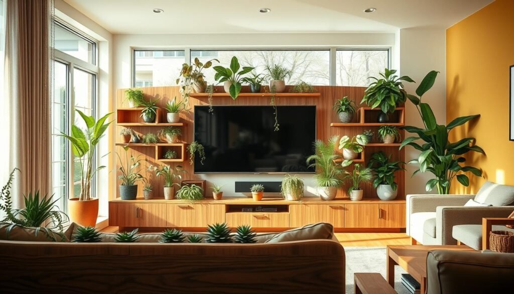 A cozy living room featuring a stylish TV wall integrated with natural wood elements and lush green plants. In the foreground, a beautifully designed wooden TV unit with an elegant grain, adorned with small potted succulents and trailing plants. In the middle, a large TV framed by shelves holding various indoor plants like ferns, snake plants, and peace lilies, creating a vibrant contrast. In the background, large windows bathe the space in bright natural light, highlighting the airy ambiance. The walls are painted in soft, warm tones, enhancing the feeling of warmth. The scene is decorated with wooden accents like a coffee table and side tables, all set in a modern yet inviting atmosphere, captured from a slight angle to showcase depth and homeliness.