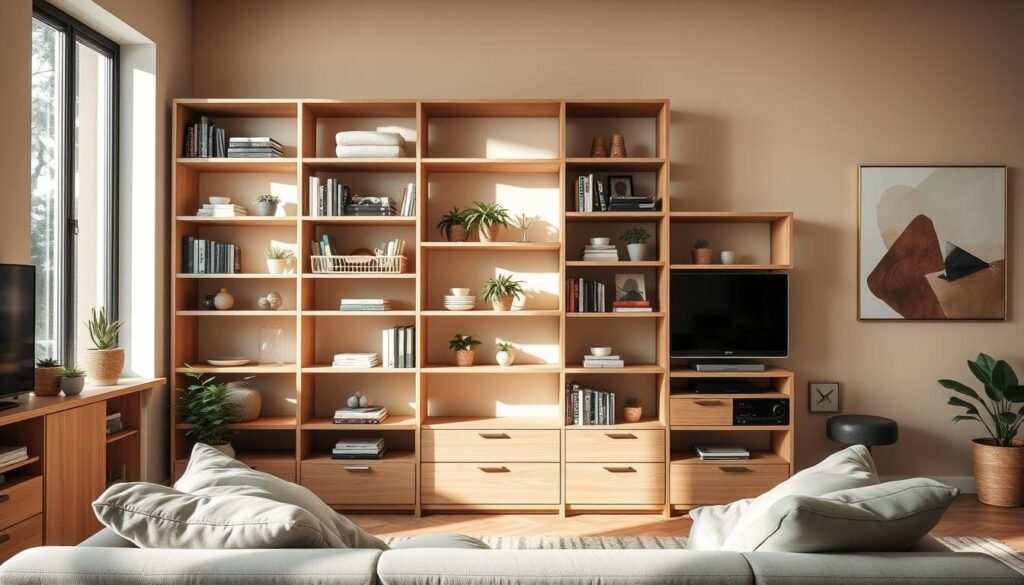 A cozy living room featuring a stylish, modern modular shelving unit made from light-toned wood. The shelving is elegantly arranged with books, small potted plants, and decorative items. In the foreground, a sleek couch with soft cushions complements the aesthetic. The middle ground highlights the intelligent design of the shelving, drawing attention to its functionality and space-saving qualities. Soft, natural light streams in through a large window, creating a bright and inviting atmosphere. The background shows a warm, neutral-colored wall with abstract art, enhancing the inviting feel of the room. The composition captures a harmonious blend of comfort and efficiency, perfect for small living spaces.