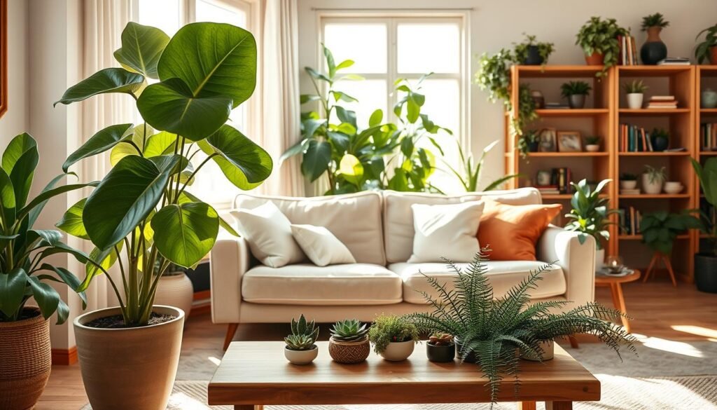 A cozy living room featuring a variety of indoor plants arranged beautifully for everyday enjoyment. In the foreground, a large potted fiddle leaf fig tree adds height beside a low wooden coffee table decorated with smaller succulent plants and a lush fern. In the middle, a soft, neutral-colored sofa with a few plush pillows provides a relaxed seating area, against a backdrop of a bright window letting in natural light, enhancing the airy atmosphere. The background showcases wooden shelves lined with books and additional greenery, creating an inviting and stylish ambiance. The scene is bathed in warm, soft sunlight, highlighting the textures of the plants and furniture, evoking a sense of tranquility and comfort.