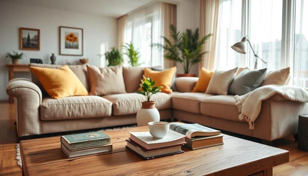 A cozy living room featuring a well-arranged seating area with a plush, oversized sofa adorned with soft throw pillows in warm, inviting colors. In the foreground, a wooden coffee table holds a steaming cup of tea and a stack of cozy books. The middle ground showcases a soft, textured area rug that adds warmth to the hardwood floor. A potted plant adds a touch of greenery beside a charming, vintage lamp. In the background, large windows bathe the room in bright natural light, filtering softly through sheer curtains, creating an airy feel. The overall atmosphere is inviting and serene, perfect for relaxation and comfort, emphasizing the importance of a softer living space.