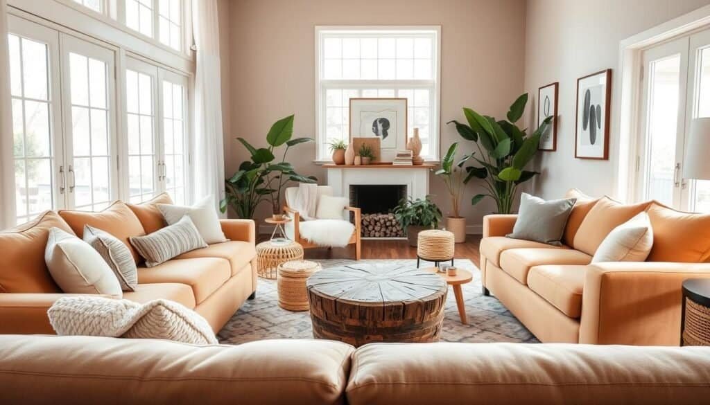 A cozy living room featuring a well-thought-out furniture arrangement that invites relaxation. In the foreground, a plush, oversized sectional sofa in a warm beige tone, adorned with soft, textured throw pillows in varying shades of pastel colors. A round, rustic wooden coffee table sits at the center, surrounded by a couple of woven ottomans. In the middle ground, a stylish armchair with soft upholstery is angled towards the sofa, creating an intimate conversation area. A soft, patterned area rug adds warmth to the space. The background showcases large windows allowing bright, natural light to filter in, highlighting houseplants and framed artwork on the walls. The overall atmosphere feels airy and welcoming, with warm lighting accentuating the inviting decor.