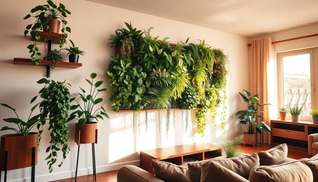 A cozy living room featuring an accent wall adorned with an array of indoor plants in various shapes and sizes. In the foreground, a vibrant, cascading pothos plant drapes down from a floating shelf, alongside a sleek wooden planter holding a tall snake plant. The middle section showcases a stunning vertical garden integrated into the wall, filled with lush ferns, peace lilies, and trailing ivy, artfully arranged to create a striking focal point. In the background, warm natural light floods in through large windows, casting soft shadows across the space and illuminating the rich textures of wooden furniture and light-colored walls. The atmosphere is serene and inviting, perfect for a relaxing home environment, evoking a sense of tranquility and life.
