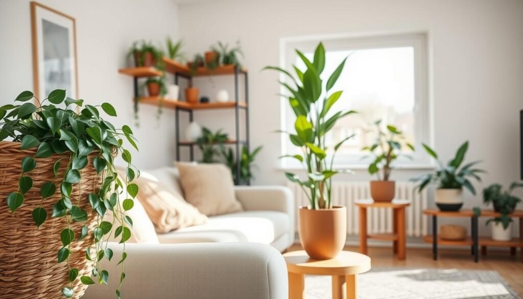 A cozy living room featuring an assortment of low-maintenance plants, such as snake plants, pothos, and ZZ plants, elegantly placed on wooden shelves and side tables. In the foreground, a textured woven basket holds a vibrant pothos trailing over the edge. The middle ground showcases a tall snake plant and a compact ZZ plant in ceramic pots, emphasizing their lush green foliage. The background reveals a large window bathed in bright natural light, casting soft shadows across the room, enhancing the relaxed atmosphere. The decor is minimalistic yet inviting, with light wood accents and neutral tones, creating a serene, airy vibe. The image captures a harmonious blend of nature and interior design, reflecting an effortless and stylish approach to plant styling.