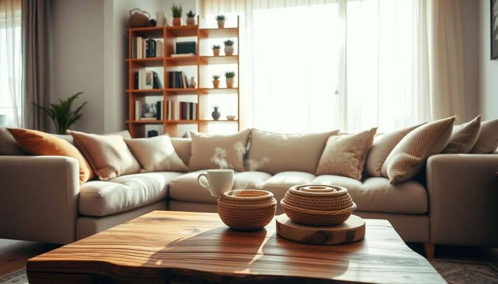 A cozy living room featuring beautifully crafted DIY wood furniture. In the foreground, a rustic wooden coffee table adorned with a warm woven basket and a steaming cup of tea. Scattered around are plush throw pillows with earthy tones on a soft beige couch. In the middle, a unique wooden bookshelf filled with books and small potted plants adds character. The background showcases a large window draped with sheer curtains, allowing bright, natural light to illuminate the space and create a warm ambiance. Soft sunlight filters in, casting gentle shadows, enhancing the inviting atmosphere. The scene is viewed from a slightly angled perspective, providing depth and a sense of comfort.