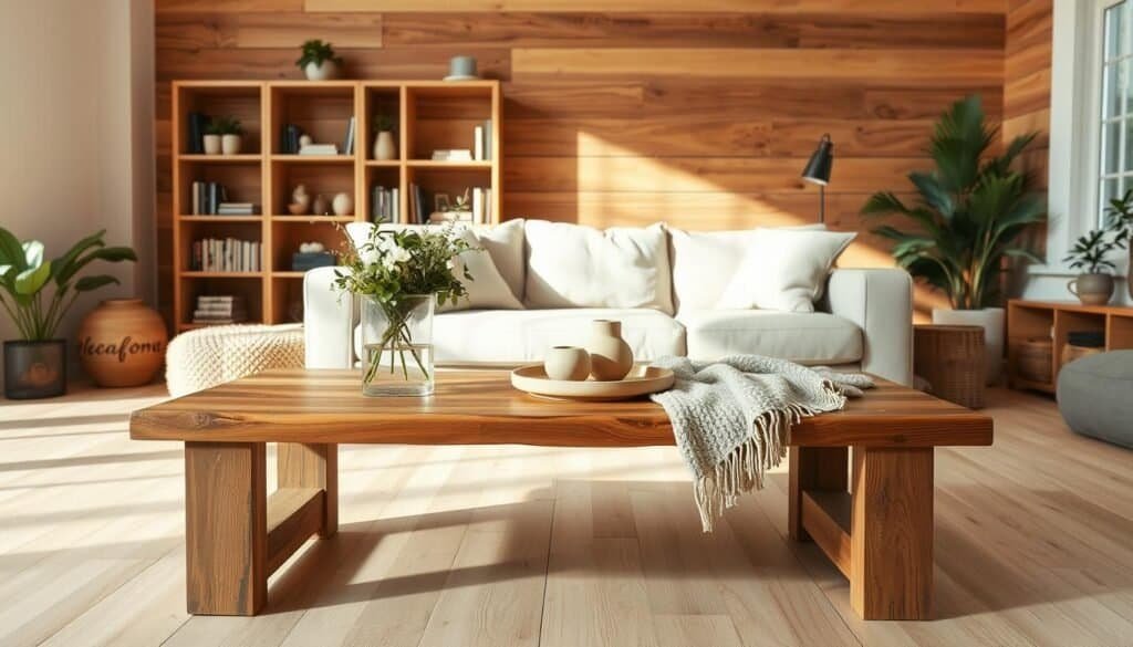 A cozy living room featuring budget-friendly wooden furniture and decor ideas. In the foreground, a rustic wooden coffee table made from reclaimed wood, adorned with a soft, textured throw and a vase of fresh greenery. In the middle, a stylish wooden bookshelf filled with books and small decorative items, complemented by a plush sofa in neutral tones. The background showcases welcoming wooden accents like a natural wood accent wall and light wooden flooring. The scene is illuminated by bright, natural light streaming through a large window, creating a warm and inviting atmosphere. The overall mood is relaxed and inviting, perfect for a comfortable living space. Capture this scene from a slightly elevated angle to include all elements harmoniously.