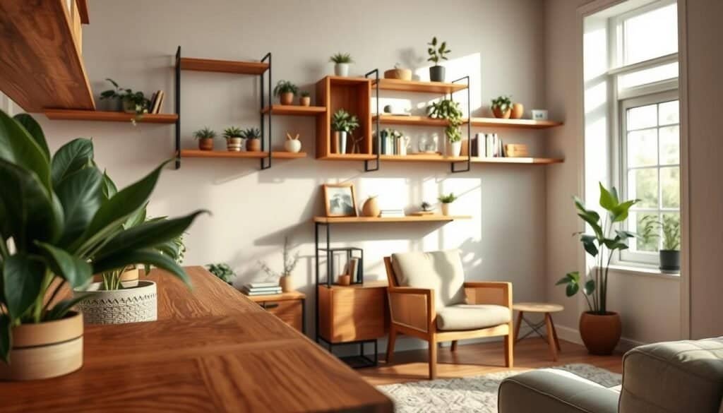 A cozy living room featuring elegant wooden wall shelves made from rich, warm-toned hardwood, showcasing a collection of potted plants, books, and decorative items. The foreground displays close-up details of the shelf craftsmanship, with visible grain patterns and smooth finishes. In the middle ground, a comfortable armchair and a small side table complement the shelves, illuminated by soft, natural sunlight filtering through a nearby window, casting gentle shadows. In the background, a light-colored wall adds contrast, enhancing the warmth of the wood. The overall atmosphere is inviting and peaceful, perfect for a DIY wood project theme. Capture this scene with a wide-angle lens, emphasizing depth and the cozy ambiance.