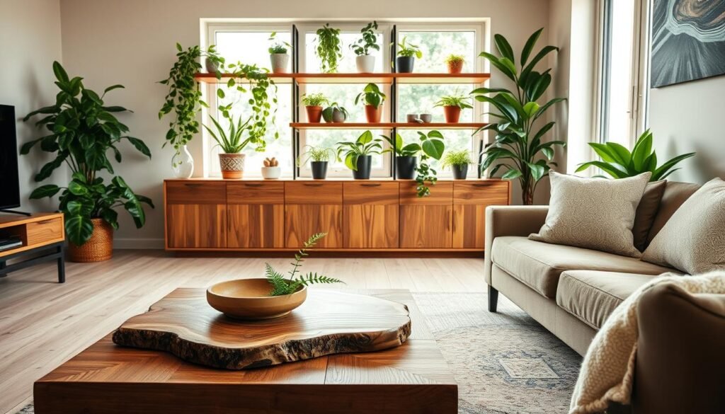 A cozy living room featuring natural wood accents harmoniously paired with lush green plants. In the foreground, a beautiful wooden coffee table made from reclaimed wood sits invitingly, adorned with a small potted fern and a rustic wooden bowl. In the middle ground, elegant wooden shelves display a variety of houseplants, including a trailing pothos and a vibrant snake plant. The background features a large window letting in soft, warm sunlight, enhancing the airy atmosphere, while light wooden flooring complements the organic theme. The image is captured with a wide-angle lens to emphasize depth, creating a serene and inviting mood, perfect for showcasing the beauty of natural wood and greenery in home décor.