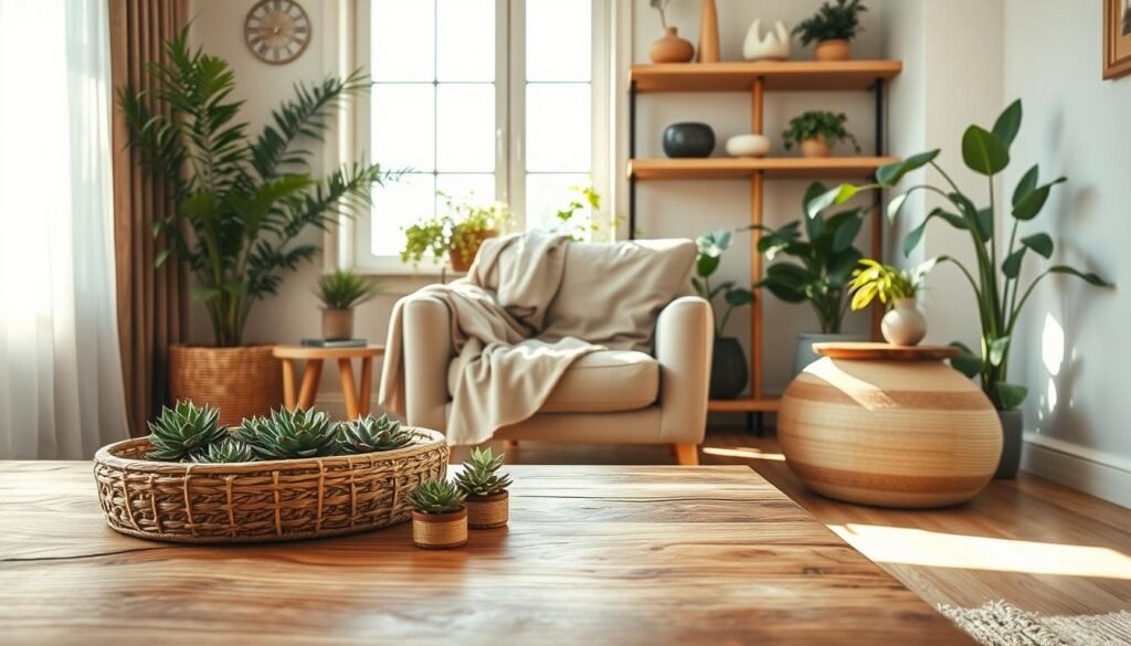 A cozy living room featuring room-specific natural accents that evoke a calm and grounded atmosphere. In the foreground, display a rustic wooden coffee table adorned with small potted succulents and a woven basket filled with soft, organic textiles. The middle layer showcases a comfortable armchair draped in muted, earthy-toned fabric, next to a large window allowing bright, soft sunlight to stream in. Radiating a peaceful vibe, the background features indoor plants with lush green foliage and natural wood shelves lined with decorative stones and handmade ceramics. The overall lighting is warm and inviting, enhancing the airy feel of the space. Capture the angle from a low perspective to emphasize the natural elements while creating a serene and harmonious mood.