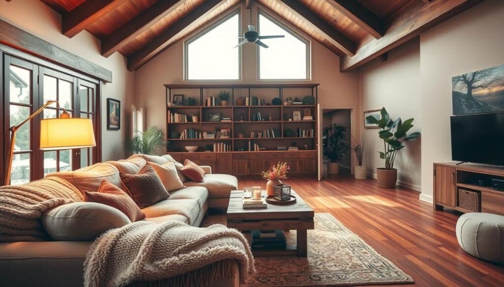 A cozy living room featuring warm, inviting lighting that enhances rich wooden elements throughout the space. In the foreground, a plush, oversized sofa adorned with soft, textured throws and cushions. A warm, glowing floor lamp casts a gentle light, illuminating a rustic wooden coffee table scattered with stylish decor. In the middle ground, a large window lets in soft, natural sunlight, enhancing the wooden beams on the ceiling and the polished hardwood floor beneath. The background reveals an inviting bookshelf filled with books and plants, creating a serene atmosphere. The scene is captured with a wide-angle lens to emphasize the openness and warmth of the space, evoking a sense of relaxation and comfort year-round.