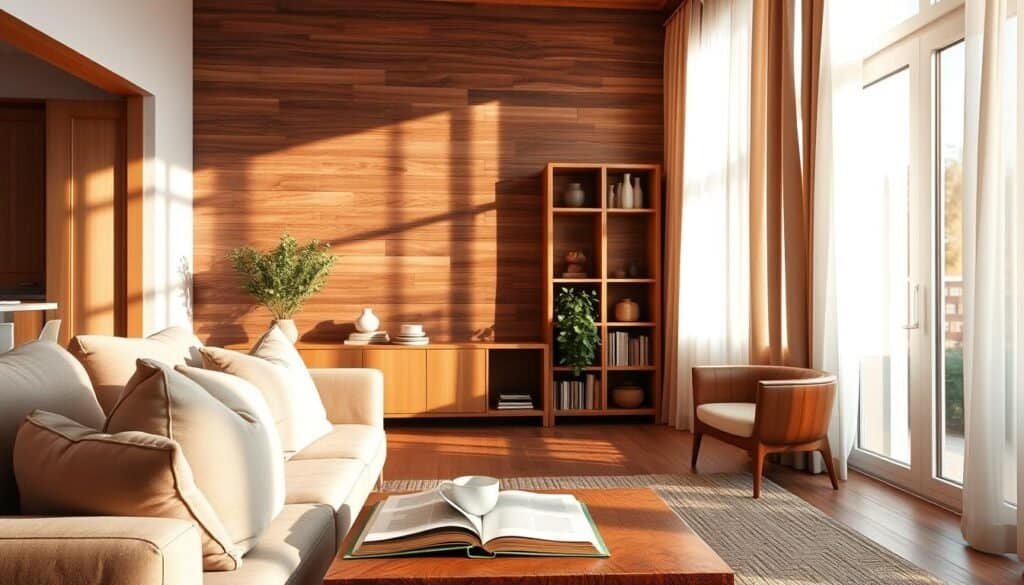 A cozy living room featuring warm wood elements, designed to evoke a welcoming and relaxed atmosphere. In the foreground, a plush, inviting sofa adorned with soft, neutral-toned throw pillows sits beside a rustic wooden coffee table, topped with an open book and a steaming cup of tea. The middle section showcases an accent wall made of reclaimed wood, complemented by a sleek, minimalist bookshelf filled with greenery. In the background, large windows allow bright, natural light to filter in, showcasing light curtains that sway gently in the soft breeze. The overall ambiance is serene and inviting, with soft sunlight casting warm shadows, creating a sense of comfort and tranquility. Ideal for those seeking inspiration for a cozy living space.