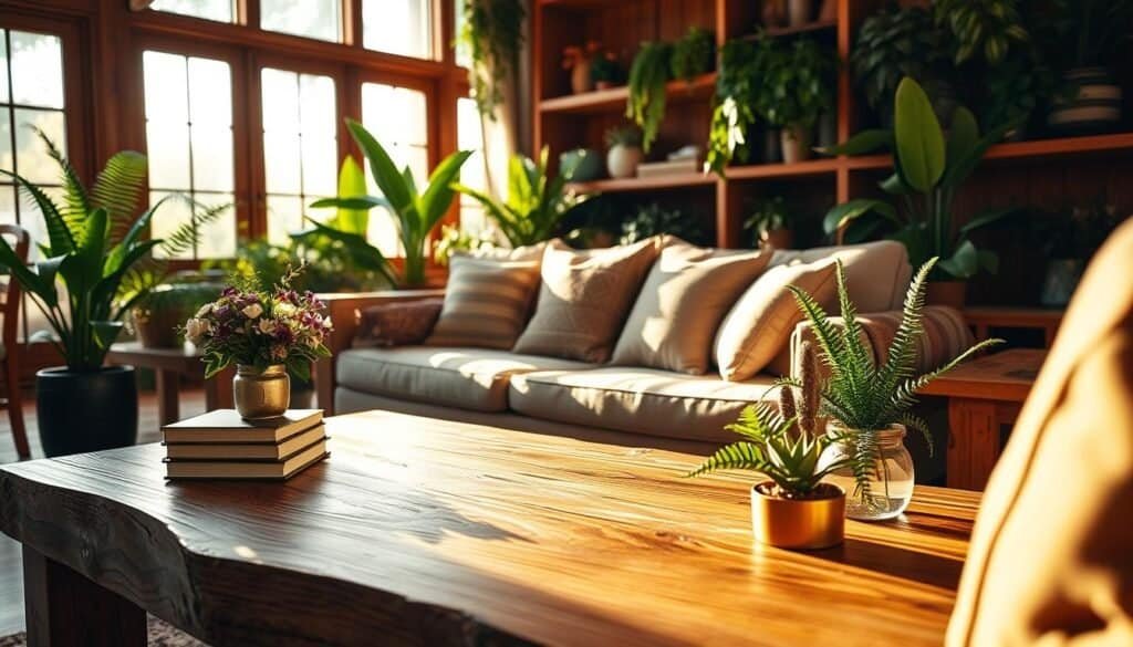 A cozy living room featuring wooden furniture and an abundance of green plants. In the foreground, a rustic wooden coffee table adorned with a small vase of fresh flowers and a few stacked books. The middle ground showcases a comfortable couch lined with soft, textured cushions, illuminated by warm, natural sunlight streaming through large windows. Vivid potted plants, such as ferns and succulents, are strategically placed around the room, enhancing the organic feel. In the background, wooden shelves hold decorative items and more greenery, creating a harmonious balance. The atmosphere is inviting and tranquil, emphasizing comfort and warmth in a bright, airy space, captured from a slightly elevated angle to provide depth to the scene.