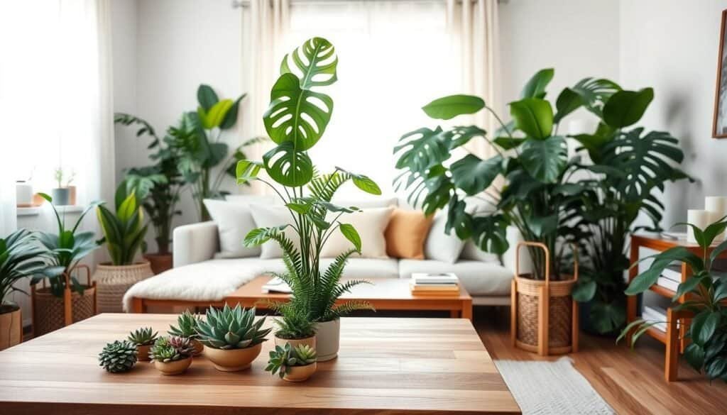 A cozy living room filled with a variety of lush indoor plants, creating a harmonious and vibrant atmosphere. In the foreground, a stylish wooden coffee table adorned with small succulents and a beautiful fern, while a large potted monstera takes center stage. The middle ground features a comfortable, modern sofa with soft pillows, complemented by a light, airy window with sheer curtains that allows gentle sunlight to filter in. In the background, light-colored walls enhance the feeling of openness, and minimalist decor items such as books and candles add warmth. The room should feel inviting and refreshing, evoking a sense of tranquility and balance, with bright natural light illuminating the space. Capture a wide-angle shot to encompass the full aesthetic.