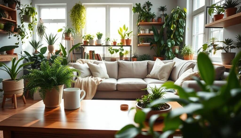 A cozy living room filled with an array of house plants, showcasing a harmonious blend of greenery and home decor. In the foreground, a stylish wooden coffee table adorned with a vibrant potted fern, a coffee mug, and a small decorative bowl. The middle ground features a comfortable sofa draped with soft textiles, surrounded by various hanging plants and well-placed succulents on shelves. In the background, large windows invite bright natural light, illuminating the space, enhancing the airy atmosphere with soft sunlight streaming in. The mood is warm and inviting, highlighting the social connection that plants foster among people in the space. Use a wide-angle lens to capture the entire scene, emphasizing depth and the interaction of plants with the living space.