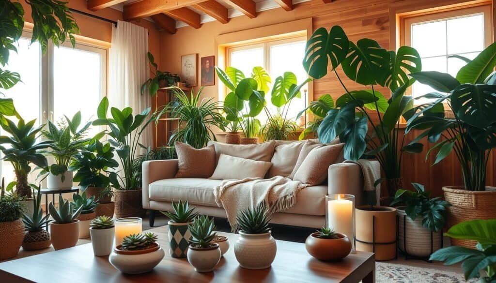 A cozy living room filled with an array of lush indoor plants in various decorative pots. In the foreground, a stylish coffee table adorned with small potted succulents and a fragrant candle. The middle ground showcases a plush sofa with a soft throw blanket, surrounded by large leafy plants like monstera and fiddle leaf figs that bring vibrant greenery into the space. In the background, sun-drenched windows allow soft sunlight to filter in, enhancing the airy atmosphere. The walls feature warm, earthy tones complemented by wood accents. Capture this scene with a wide-angle lens, highlighting the warmth and inviting ambiance, evoking a sense of tranquility and life in the home.
