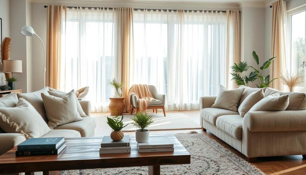 A cozy living room filled with comfortable furniture, featuring a plush, oversized sofa in soft, neutral tones, adorned with fluffy throw pillows. In the foreground, a wooden coffee table holds decorative books and a fresh vase of greenery. The middle area showcases a stylish armchair draped with a warm blanket and a soft area rug beneath, inviting relaxation. The background reveals large windows allowing bright natural light to fill the space, with sheer curtains gently swaying. The atmosphere is calming and serene, enhanced by soft sunlight filtering through, casting gentle shadows. This scene embodies a lived-in comfort, perfect for a peaceful gathering or quiet evening at home. Capture the image with a warm color palette and an inviting, airy composition. A cozy living room filled with comfortable furniture, featuring a plush, oversized sofa in soft, neutral tones, adorned with fluffy throw pillows. In the foreground, a wooden coffee table holds decorative books and a fresh vase of greenery. The middle area showcases a stylish armchair draped with a warm blanket and a soft area rug beneath, inviting relaxation. The background reveals large windows allowing bright natural light to fill the space, with sheer curtains gently swaying. The atmosphere is calming and serene, enhanced by soft sunlight filtering through, casting gentle shadows. This scene embodies a lived-in comfort, perfect for a peaceful gathering or quiet evening at home. Capture the image with a warm color palette and an inviting, airy composition.