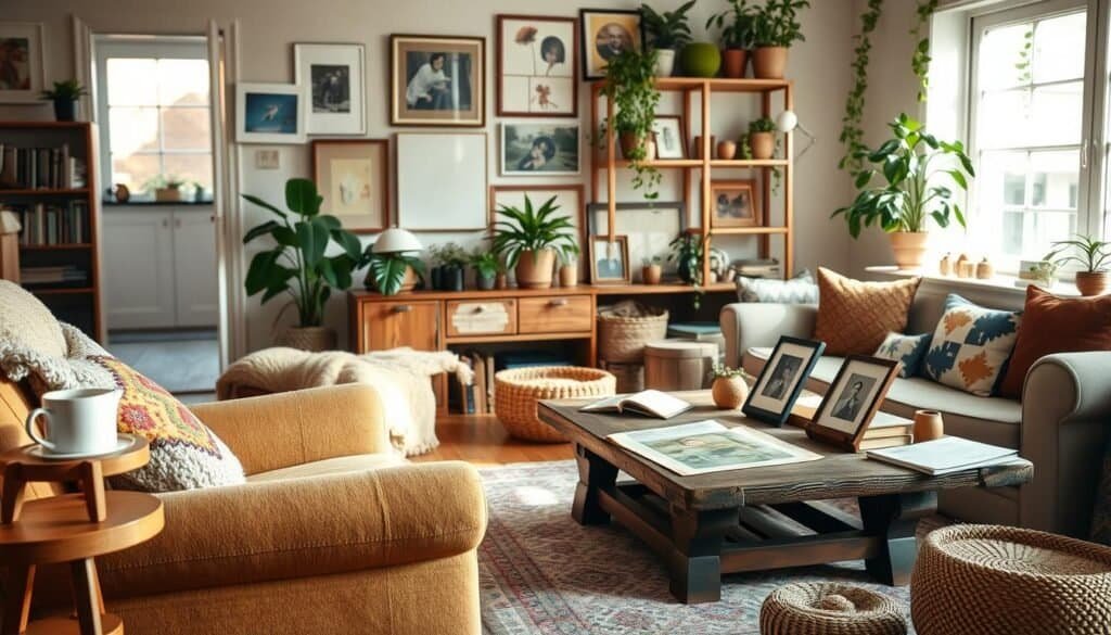 A cozy living room filled with personal touches that reflect warmth and comfort. In the foreground, a plush, vintage armchair adorned with a colorful knitted throw and a patterned cushion invites relaxation. A small wooden side table holds a steaming cup of tea next to an open book. In the middle, a soft area rug underfoot complements a rustic coffee table showcasing framed family photos and unique handmade crafts. The background features a gallery wall of art pieces, showcasing memories and travels, with plants gently cascading from shelves bathed in bright, natural light. The atmosphere is calm, with soft sunlight streaming through large windows, creating an airy and inviting space. Capture this scene with a warm color palette and a slightly elevated angle, emphasizing the lived-in feel while maintaining a sense of serenity. A cozy living room filled with personal touches that reflect warmth and comfort. In the foreground, a plush, vintage armchair adorned with a colorful knitted throw and a patterned cushion invites relaxation. A small wooden side table holds a steaming cup of tea next to an open book. In the middle, a soft area rug underfoot complements a rustic coffee table showcasing framed family photos and unique handmade crafts. The background features a gallery wall of art pieces, showcasing memories and travels, with plants gently cascading from shelves bathed in bright, natural light. The atmosphere is calm, with soft sunlight streaming through large windows, creating an airy and inviting space. Capture this scene with a warm color palette and a slightly elevated angle, emphasizing the lived-in feel while maintaining a sense of serenity.