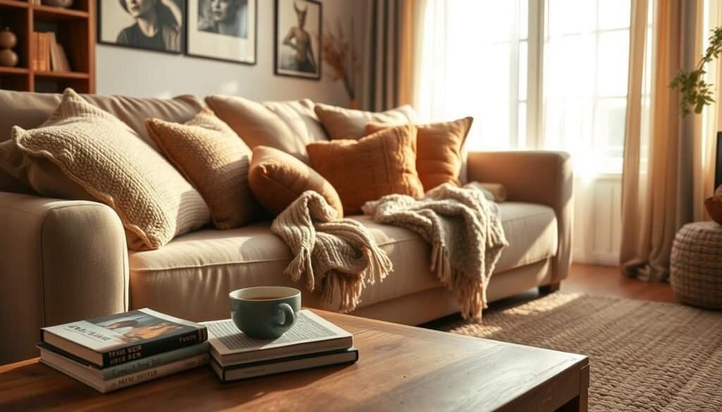 A cozy living room filled with soft furnishings and warm textiles, featuring a plush, oversized beige sofa adorned with a variety of textured throw pillows in earth tones. A handwoven, neutral-toned area rug lies beneath, while a knitted throw blanket is casually draped over the armrest. In the foreground, a wooden coffee table holds a steaming cup of tea beside a stack of art books. In the background, a large window allows soft, natural sunlight to stream in, illuminating the space and creating a warm atmosphere. Light, airy curtains flutter gently, enhancing the relaxed vibe. The overall mood exudes comfort and homeliness, showcasing a well-lived, inviting environment. The image captures a close-up perspective, emphasizing the rich textures and inviting colors.