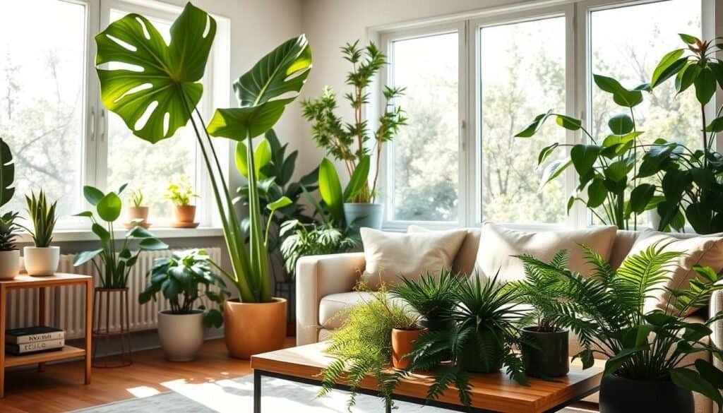 A cozy living room filled with vibrant indoor plants creatively arranged to bring life and freshness into the space. In the foreground, a large, leafy monstera plant stands majestically beside a stylish wooden side table. In the middle ground, various smaller potted plants like ferns and succulents create a lush green atmosphere, clustered atop a minimalist coffee table. The background features large windows allowing bright, soft natural light to flow in, illuminating the room with a warm, inviting glow. The furniture should be modern yet comfortable, incorporating neutral colors to balance the vivid greenery. Capture this scene from a slightly elevated angle to accentuate the depth and layers of the decor, evoking a cheerful and revitalizing mood.