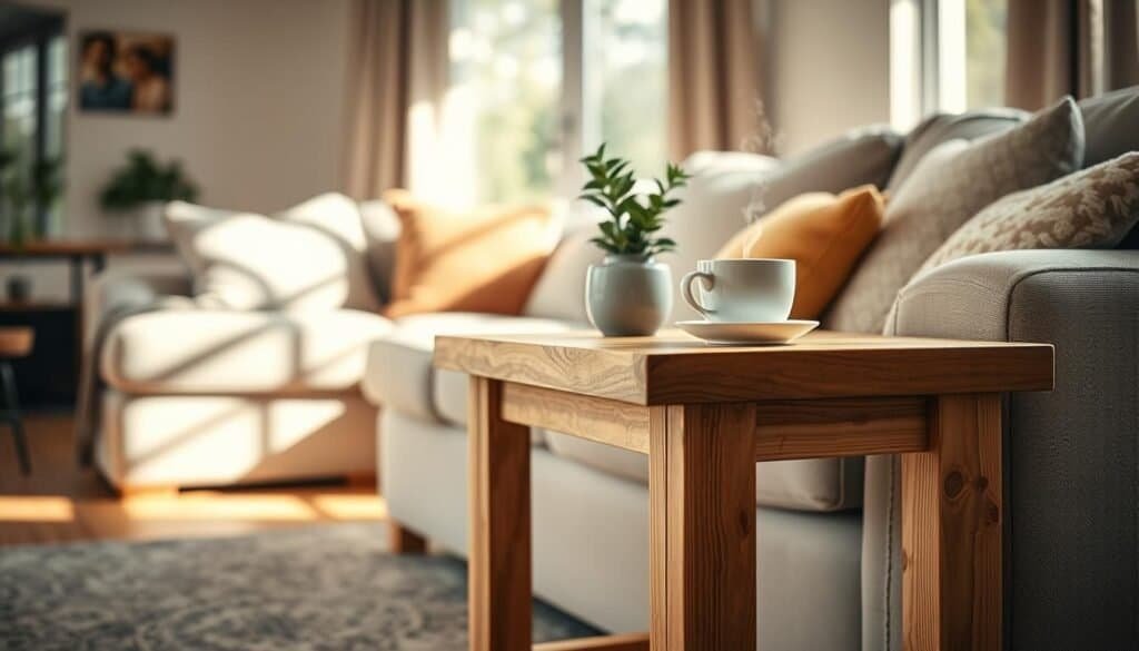 A cozy living room scene featuring a beautifully crafted DIY wood couch side table. The table, made from warm-toned wood, is adorned with a small potted plant and a steaming cup of coffee, showcasing its practicality for movie nights. In the foreground, the table stands out, with fine wood grain details and a rustic finish. The middle ground captures a comfortable couch with soft throw pillows, suggesting relaxation. The background is a softly lit living room with bright natural light streaming in through a large window, casting gentle shadows. The overall atmosphere is inviting and warm, evoking a sense of home and togetherness, perfect for enjoying movies. The image captures a natural, airy feel, with soft sunlight enhancing the wood tones and creating an inviting ambiance.