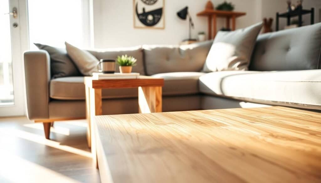 A cozy living room scene featuring a freshly built DIY wood couch side table, crafted from rich, warm-toned hardwood. The table is positioned beside a stylish, upholstered sofa in a modern setting. In the foreground, the table showcases a few decorative items like a small potted plant, a coffee mug, and a stack of books. The middle ground captures the soft texture of the couch fabric, while sunlight streams in through a nearby window, casting gentle shadows on the floor, enhancing the warmth of the scene. The background features light-colored walls with minimalistic decor, creating an inviting atmosphere. The lighting is bright yet soft, evoking a relaxing and productive mood, ideal for an afternoon woodworking project.