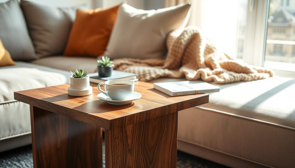 A cozy living room scene featuring a stylish couch side table made of polished wood, showcasing intricate grain patterns and a sleek, modern design. In the foreground, the table is adorned with a steaming cup of coffee, a small potted plant, and a stack of books, adding a touch of warmth and personality. The middle ground highlights a plush, inviting couch with soft cushions, complemented by a warm, textured throw blanket. In the background, a soft, airy window allows bright natural light to filter in, creating a serene and inviting atmosphere. The overall mood is relaxed and peaceful, captured in soft sunlight with a focus on the harmonious blend of comfort and functionality in home décor.