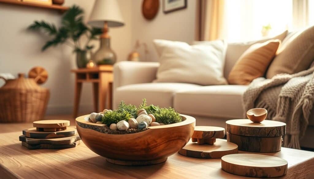 A cozy living room scene featuring a variety of small wooden accents that add layered texture and warmth. In the foreground, showcase a handcrafted wooden bowl filled with decorative moss and small pebbles, alongside rustic coasters. The middle ground includes a charming wooden side table with an elegant lamp and a few natural wood ornaments, like carved fruit. The background reveals a soft, light-colored sofa adorned with plush pillows and a woven throw, with a sunlit window casting warm, natural light throughout the room. The atmosphere should exude serenity and comfort, highlighting the inviting nature of wooden accents in home décor. Use a warm color palette and a slightly blurred background to enhance focus on the wooden details.