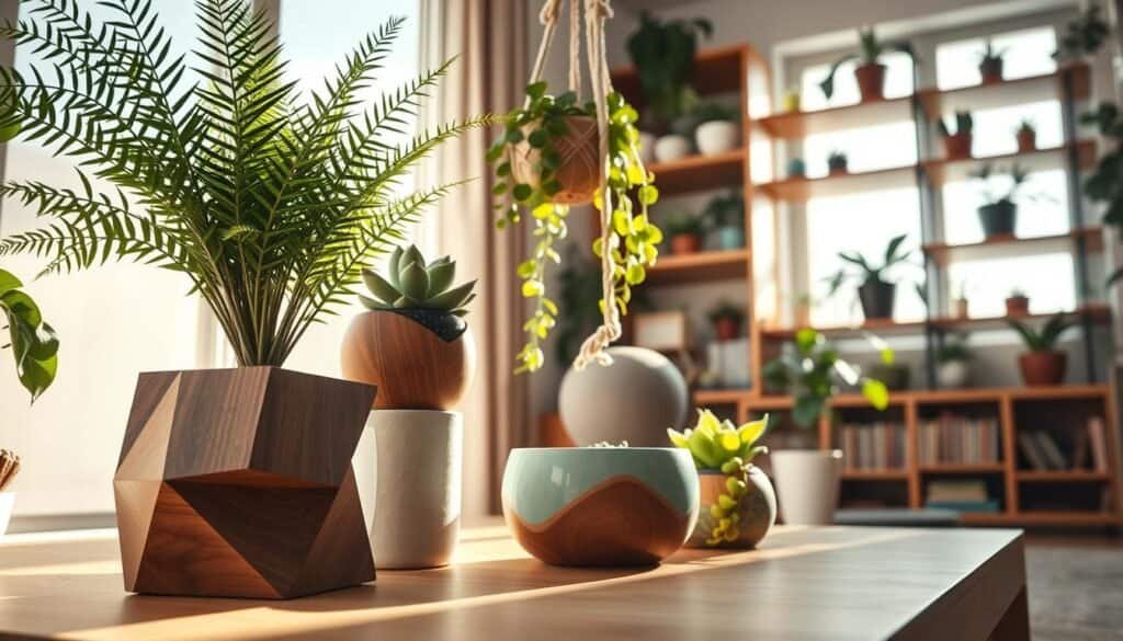 A cozy living room scene featuring an array of creative planters that elevate the presence of plants. In the foreground, a beautifully crafted wooden planter in a geometric design holds a lush green fern, while beside it, a colorful, hand-painted ceramic pot cradles a blooming succulent. In the middle ground, a macramé hanger suspends a trailing pothos plant, cascading gracefully. Soft sunlight filters through a large window, casting warm, inviting light across the room. The background includes a stylish bookshelf adorned with more unique planters, enhancing the vibrant atmosphere. The overall mood is airy and cheerful, emphasizing how thoughtfully chosen containers can dramatically enhance a space. The composition features a wide-angle lens for a spacious feel, and a mix of indoor plants to create a welcoming environment.