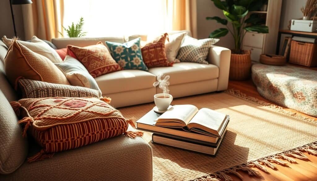 A cozy living room scene featuring an inviting mix of throw pillows and area rugs. In the foreground, a plush assortment of colorful, patterned throw pillows are artfully arranged on a soft, neutral-toned sofa. A handwoven area rug, with warm hues, spreads across the wooden floor, adding texture and comfort. In the middle ground, a coffee table cluttered with a steaming cup of tea and an open book enhances the cozy atmosphere. The background reveals a softly lit window with sheer curtains that let in bright, natural sunlight, illuminating the space with a warm glow. The overall mood is inviting and serene, evoking a sense of warmth and comfort in this well-decorated home environment.