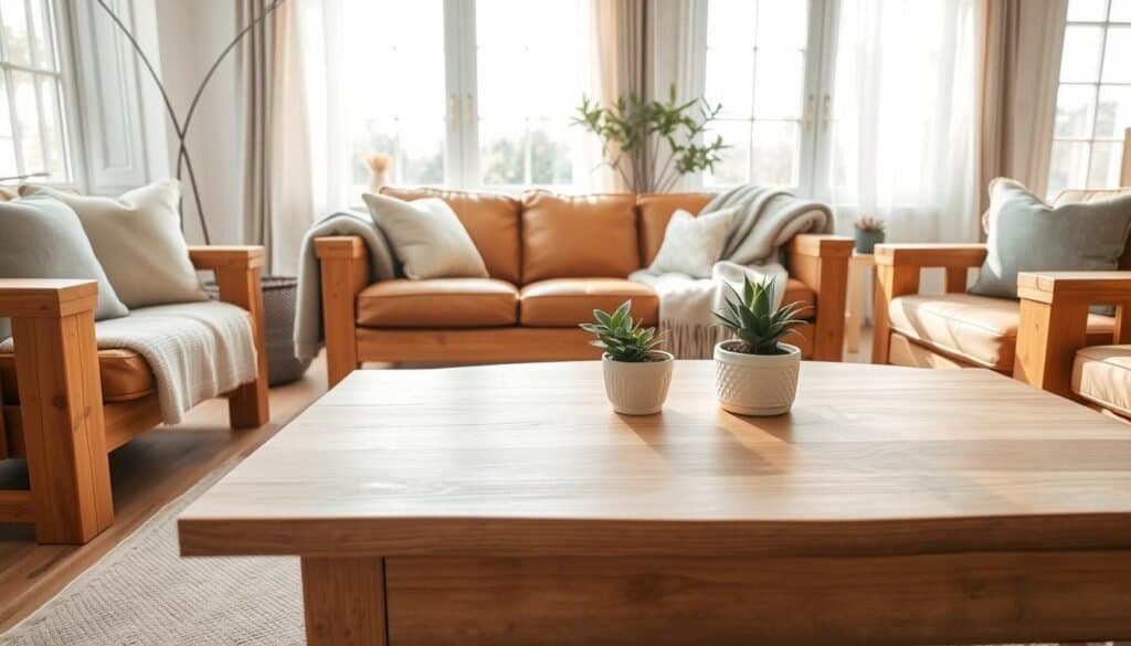 A cozy living room scene featuring beautifully crafted wooden furniture pieces that create a relaxed atmosphere. In the foreground, showcase a smooth, light oak coffee table adorned with a small potted plant, surrounded by plush, neutral-toned cushions. The middle ground presents a comfortable, slightly worn leather sofa with soft throw blankets draped casually over the arm. In the background, large windows let in bright natural sunlight, illuminating the room and casting soft shadows, enhancing the warmth of the wooden textures. Aim for an airy and inviting feel, with light filtering through sheer curtains, creating a tranquil space. Use a wide-angle lens perspective to capture the full scope of the room while maintaining a focus on the furniture details.