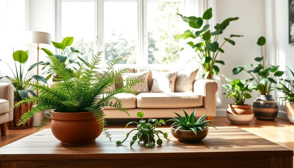 A cozy living room scene incorporating a variety of indoor plants into existing decor. In the foreground, a stylish wooden coffee table adorned with a simple terracotta pot containing lush green ferns and a small succulent. The middle showcases a comfortable beige sofa with patterned pillows, flanked by tall leafy plants in decorative ceramic pots. A large window in the background allows bright natural light to bathe the room, casting soft shadows and highlighting the vibrant greens of the plants. The atmosphere is airy and relaxed, creating an inviting space that feels both natural and easy to maintain. Use soft sunlight to enhance the tranquil mood, captured with a wide-angle lens at a slightly elevated angle to showcase the harmony between plants and decor.