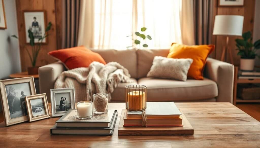 A cozy living room scene showcasing personalized home decor. In the foreground, a beautifully arranged coffee table adorned with meaningful items like framed photos, a well-loved book, and a handmade candle. In the middle, a comfortable couch draped with a soft, textured throw and vibrant pillows reflecting warm colors. A potted plant adds a touch of nature. The background reveals a softly lit window with sheer curtains, allowing gentle sunlight to filter in, illuminating the space. Warm wood tones and natural textures create a welcoming atmosphere, inviting a sense of comfort and personalization. The overall mood is serene and lived-in, evoking a feeling of warmth and creativity. The image should have a realistic style, with bright natural lighting emphasizing the inviting ambiance.