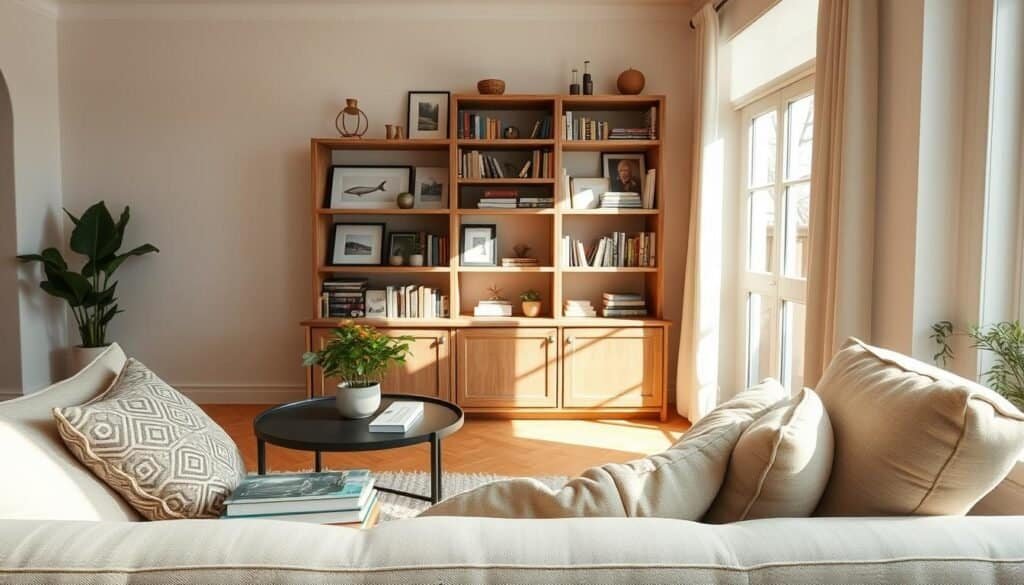 A cozy living room scene that balances tidiness with lived-in charm. In the foreground, a plush, neatly arranged sofa adorned with soft, patterned cushions and a cozy throw blanket. A small, elegant coffee table features a couple of well-placed books and a vibrant potted plant. In the middle, a rustic wooden bookshelf filled with neatly organized books, framed photographs, and decorative items, bathed in bright, natural sunlight that streams through a nearby window, casting soft shadows. The background showcases light-colored walls and a warm wooden floor, adding to the welcoming atmosphere. The overall mood is bright, airy, and inviting, evoking comfort and a sense of home. Use a wide-angle lens to capture the entire scene and enhance the feeling of spaciousness.