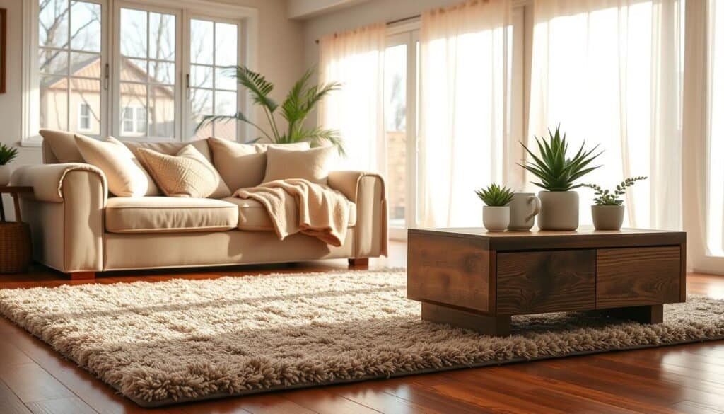 A cozy living room scene that showcases inviting home improvements to enhance warmth and comfort. In the foreground, a plush area rug in soft earth tones is layered over polished wooden flooring. A well-worn, comfortable sofa adorned with fluffy pillows and a light throw blanket invites relaxation. The middle ground features a coffee table made of reclaimed wood, topped with a steaming mug of tea and small potted plants, adding a touch of greenery. In the background, large windows allow bright natural light to fill the space, with sheer curtains gently fluttering in a soft breeze. The room is filled with warm, soft sunlight, enhancing the airy atmosphere. The overall mood is calm, inviting, and homey, perfect for showcasing quick fixes that bring immediate warmth to a cold home environment.